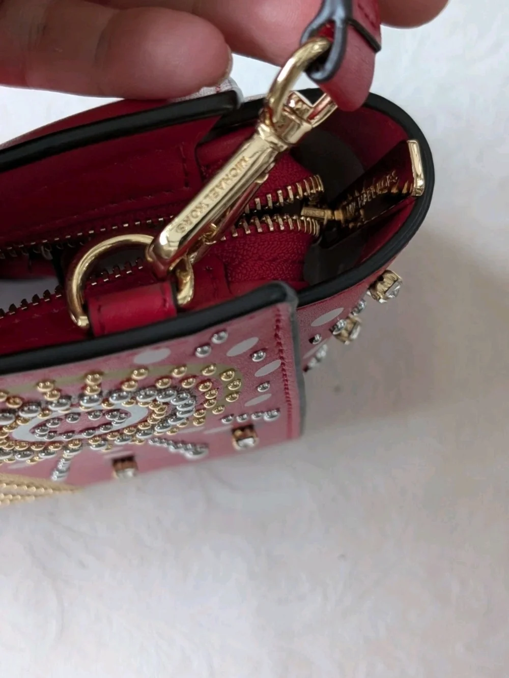 Michael Kors Red Shoulder Bag Star Studded Metallic Crystal Zip Gold Hardware